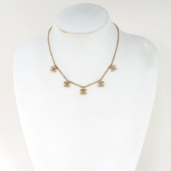 CHANEL CC Logos 5 Charm Necklace 16" Gold Tone 03P Auth w/Box - Picture 1 of 6